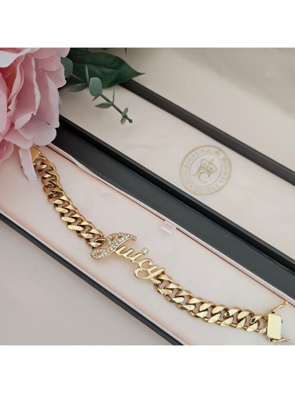 Juicy Couture Gold Tone Chain Bracelet with Crystal Logo Charm w/ Box - Picture 7 of 11